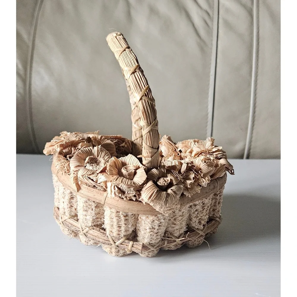 Vintage Natural Corn Husk and Cob Decorative Basket with Floral Trim Rustic Folk